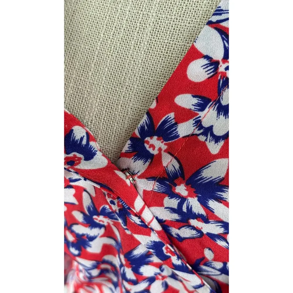 Yumi Kim Womens Floral Belted Romper Size 8 V Neck Red Blue White